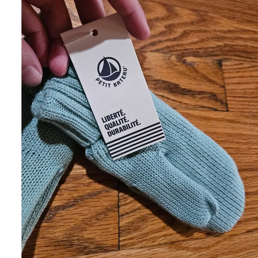 NWT! Petit Bateau Minty Green Organic Cotton Yarn Mittens Size 6-8 Girl or Boy